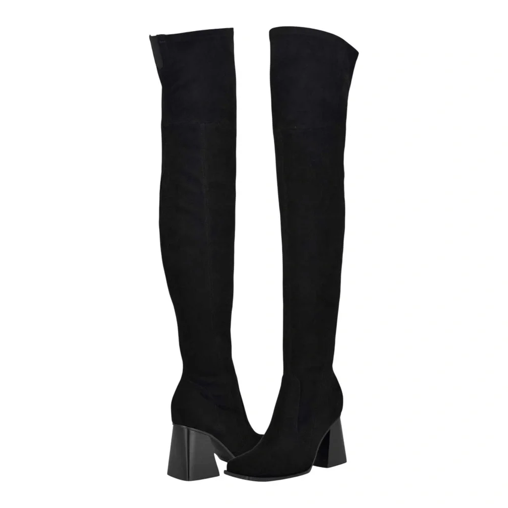 Nine West Black Stretch Over the Knee Boots Square Toe Block Heel Size 8 NWOT